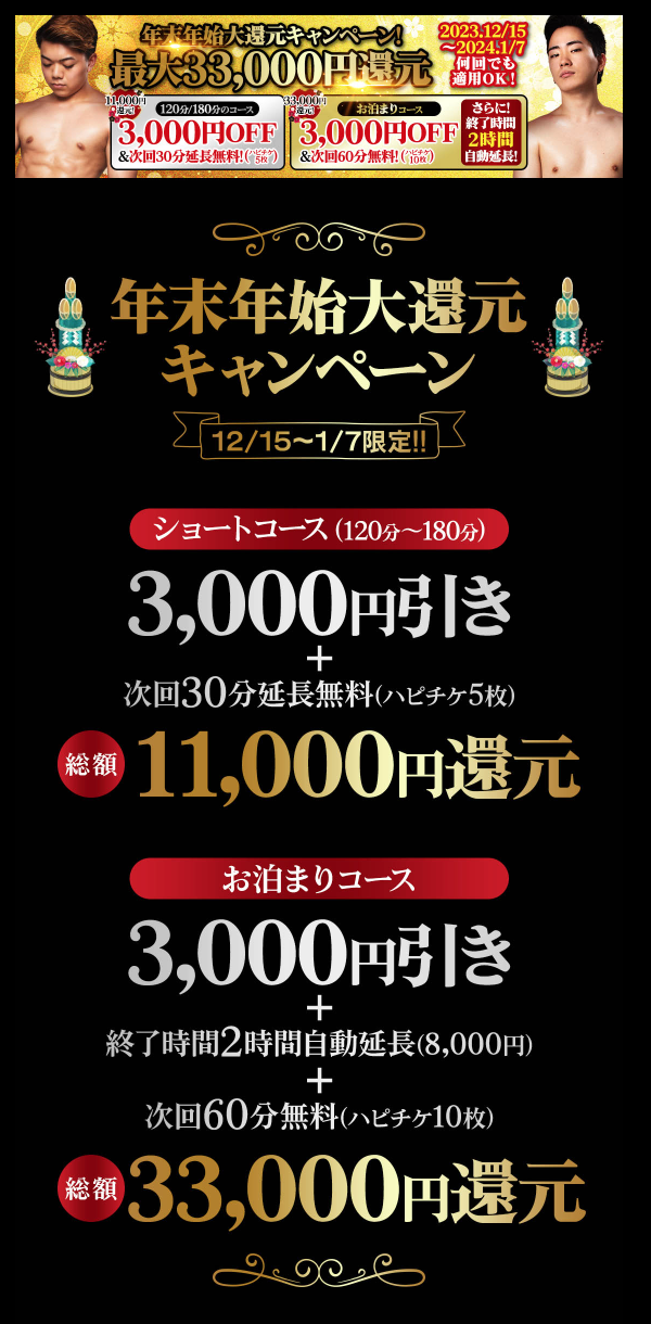 【男遊グループ】年末年始大還元キャンペーン　最大33000円還元